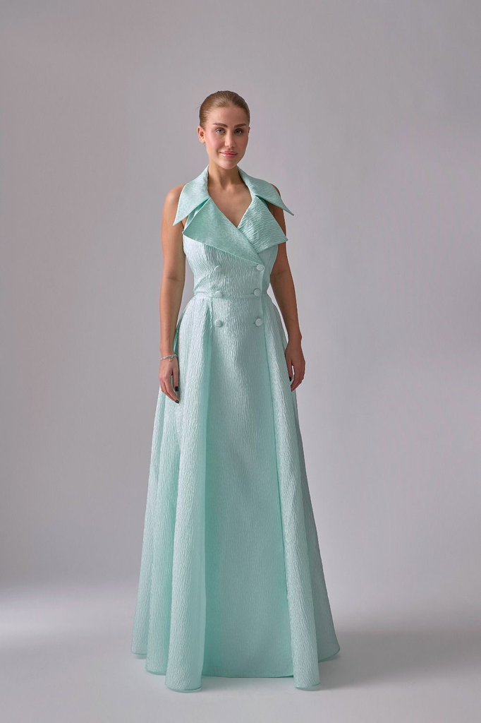 Long Dress with Pleats and Wide Collar (S(36))