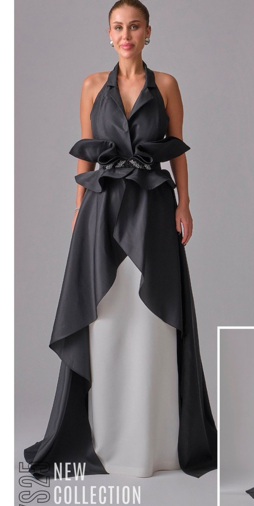Two-Tone Evening Dress, Open Back, Waist Embroidery (S(36))