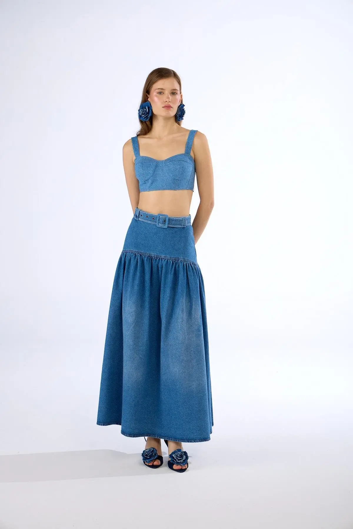 Long Maxi Skirt with Denim Star and Detailed Belt (S(36))